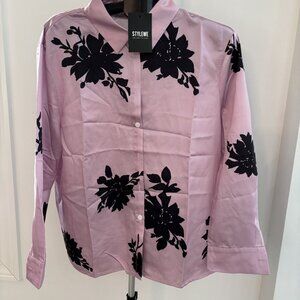 Stylewe Silky pink blouse with bold black floral pattern XL (16) NEW